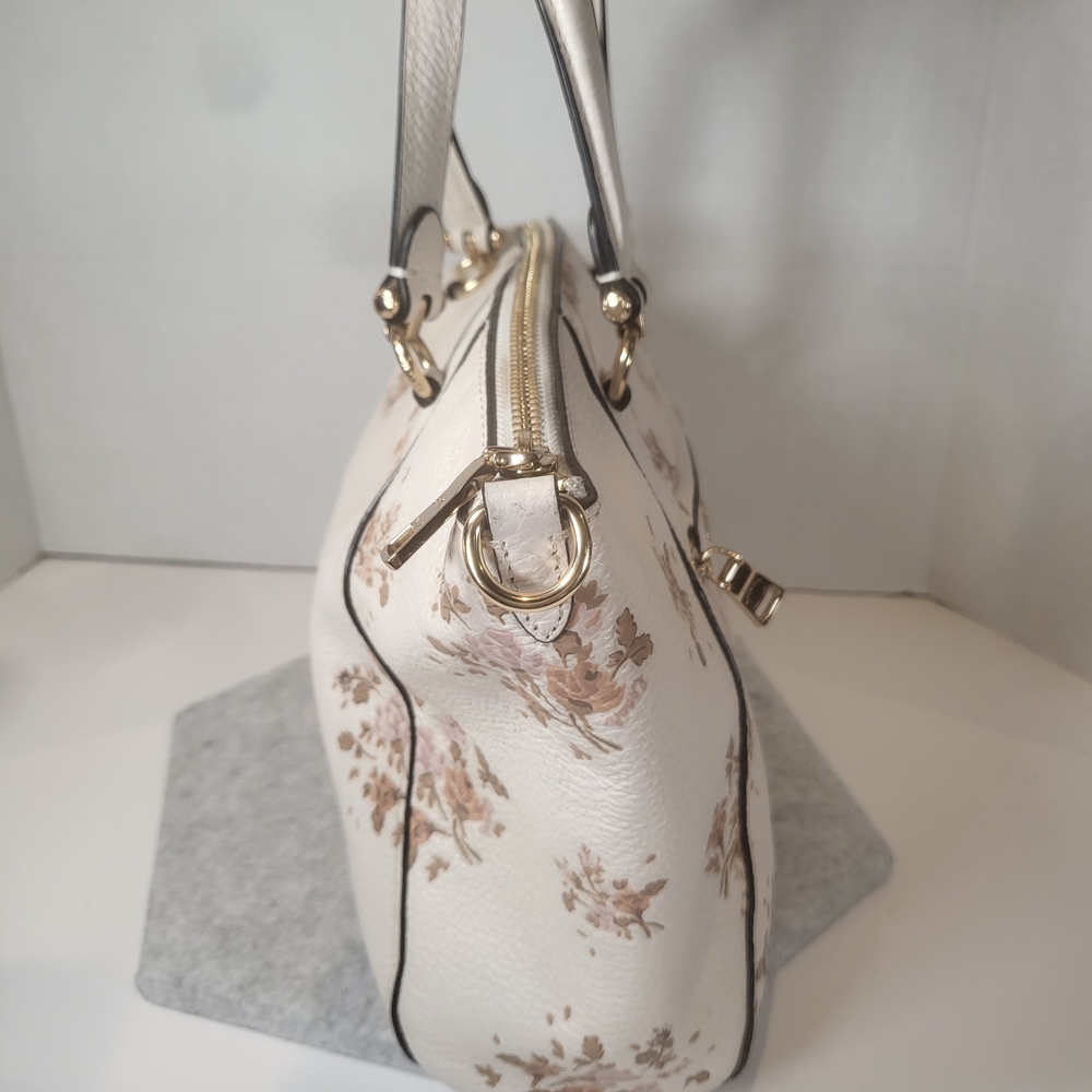 Coach Cream Pebbled Leather Satchel with Tan Floral Print - Picture 4 of 7